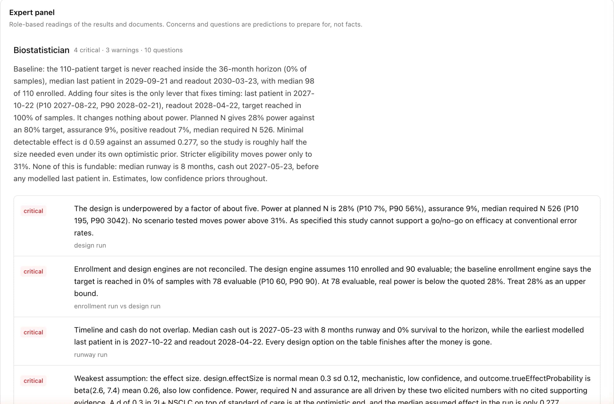 Expert panel: a biostatistician reading with critical and warning items and a numbered list of questions to prepare for